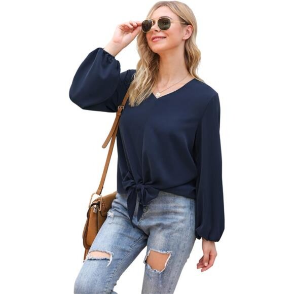 Women's Tie-Front Knot Blouse – Lantern Sleeve, Loose Fit, V-Neck Floral - Picture 2 of 6